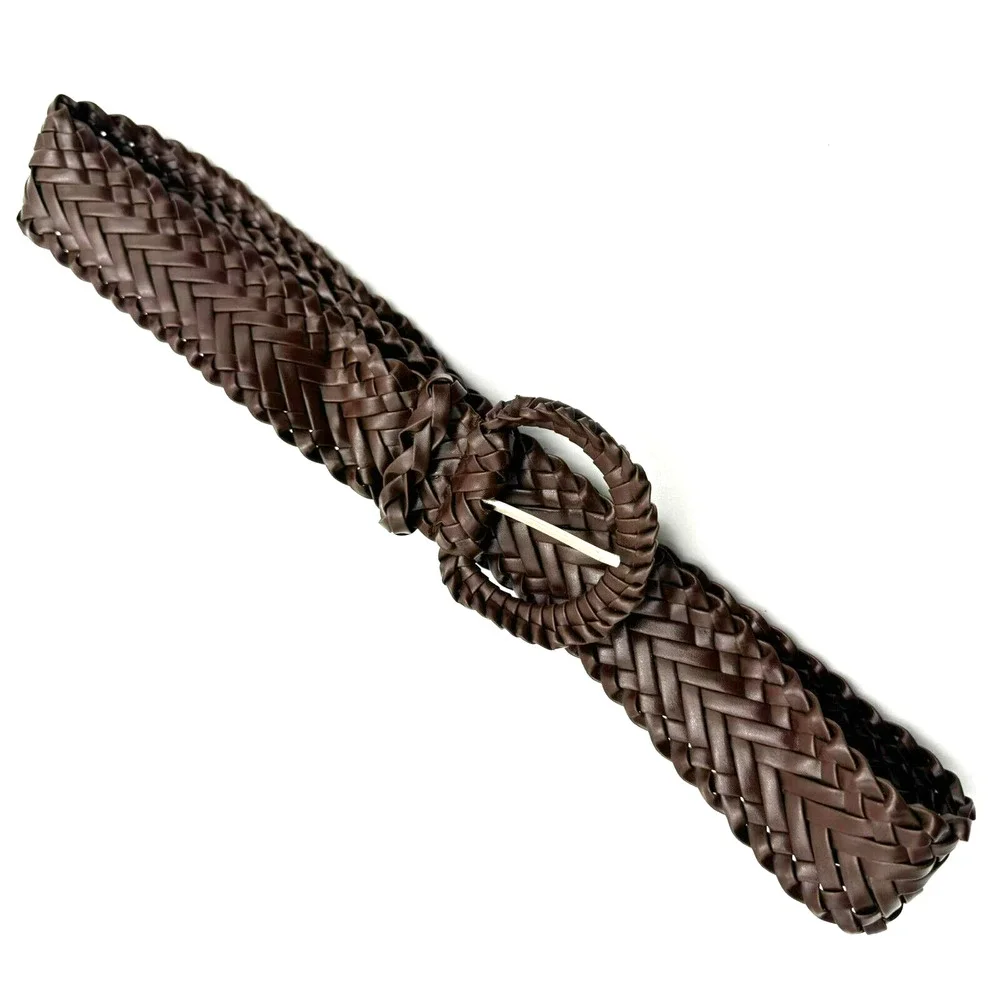 Women's Medium Brown Braided Faux Leather Fashion Belt Wide‎ Large Buckle Dress